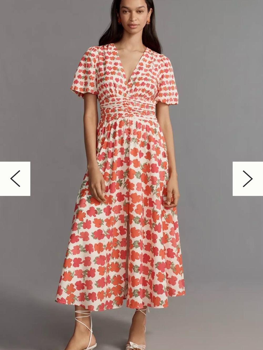 Anthropologie Katerina Button-Front Midi Dress, Coral & White Floral w/ Pockets